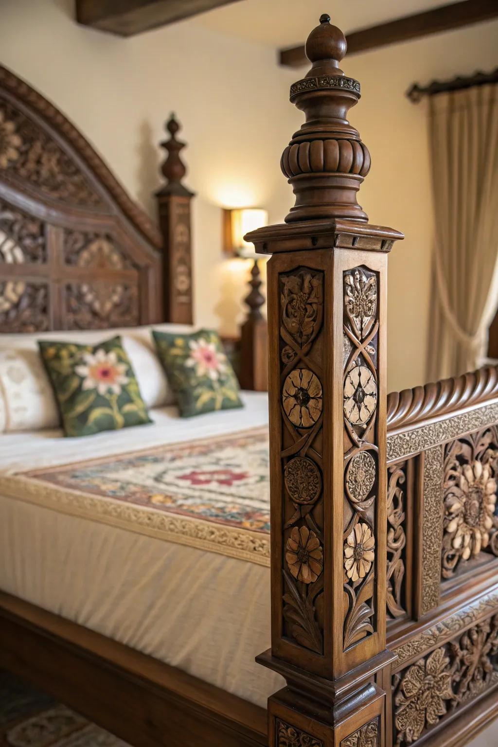 Embellished bedposts introduce an element of sophistication to any sleep space.