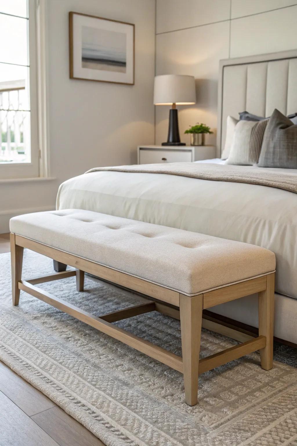 Contemporary calm with a minimalist bench promoting an uncluttered look.