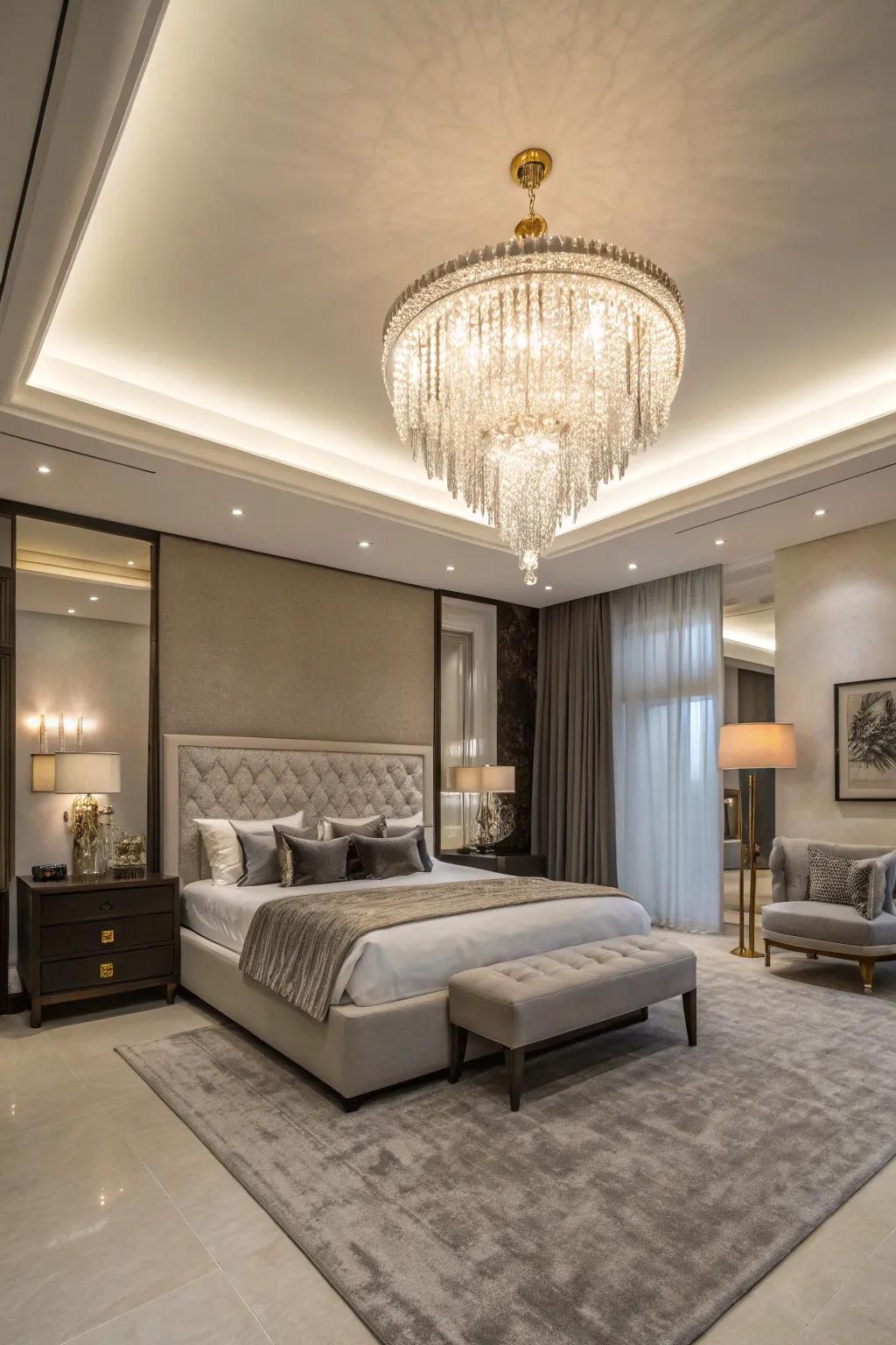A chandelier has the power to redefine a bedroom as a sophisticated haven.