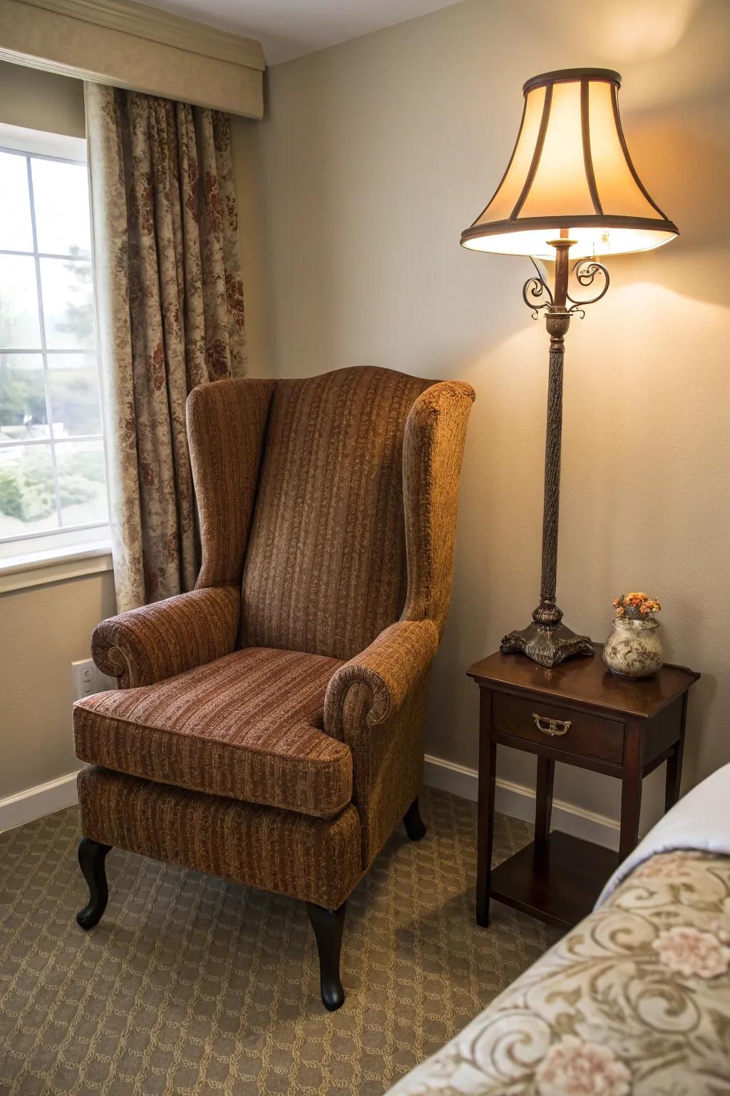 A wingback chair is perfect for establishing a reading corner in any bedroom.