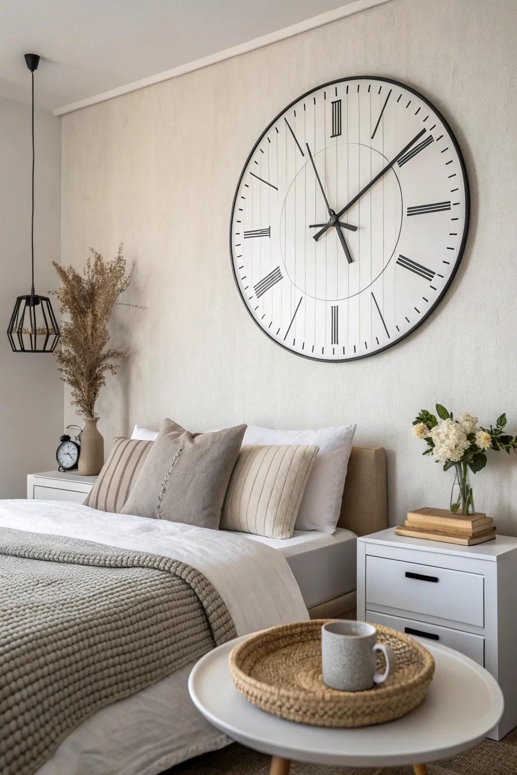 A minimalist clock brings a dash of modern charm to any bedroom.