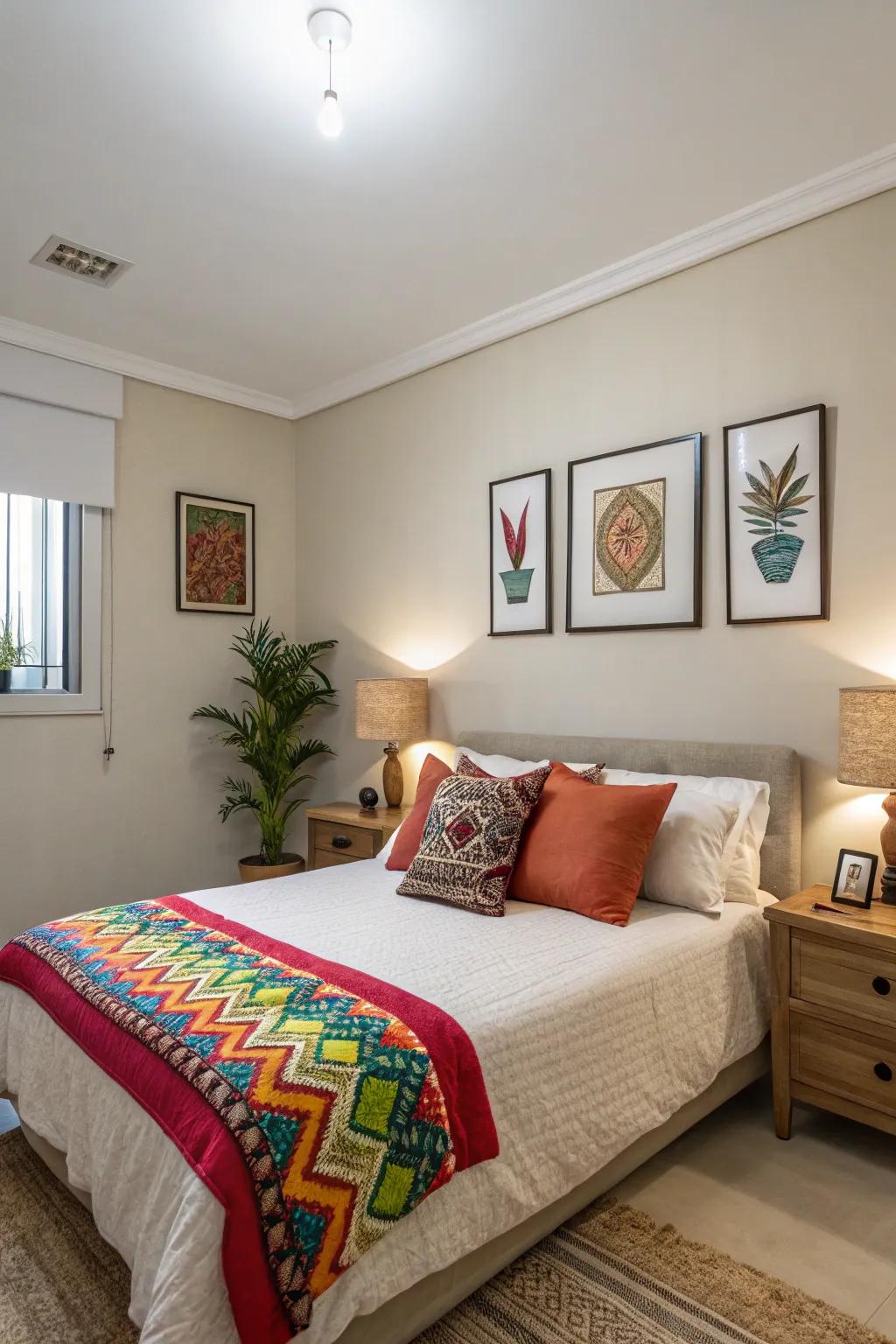 A balanced and inviting space is achieved through neutral tones and vibrant accents.
