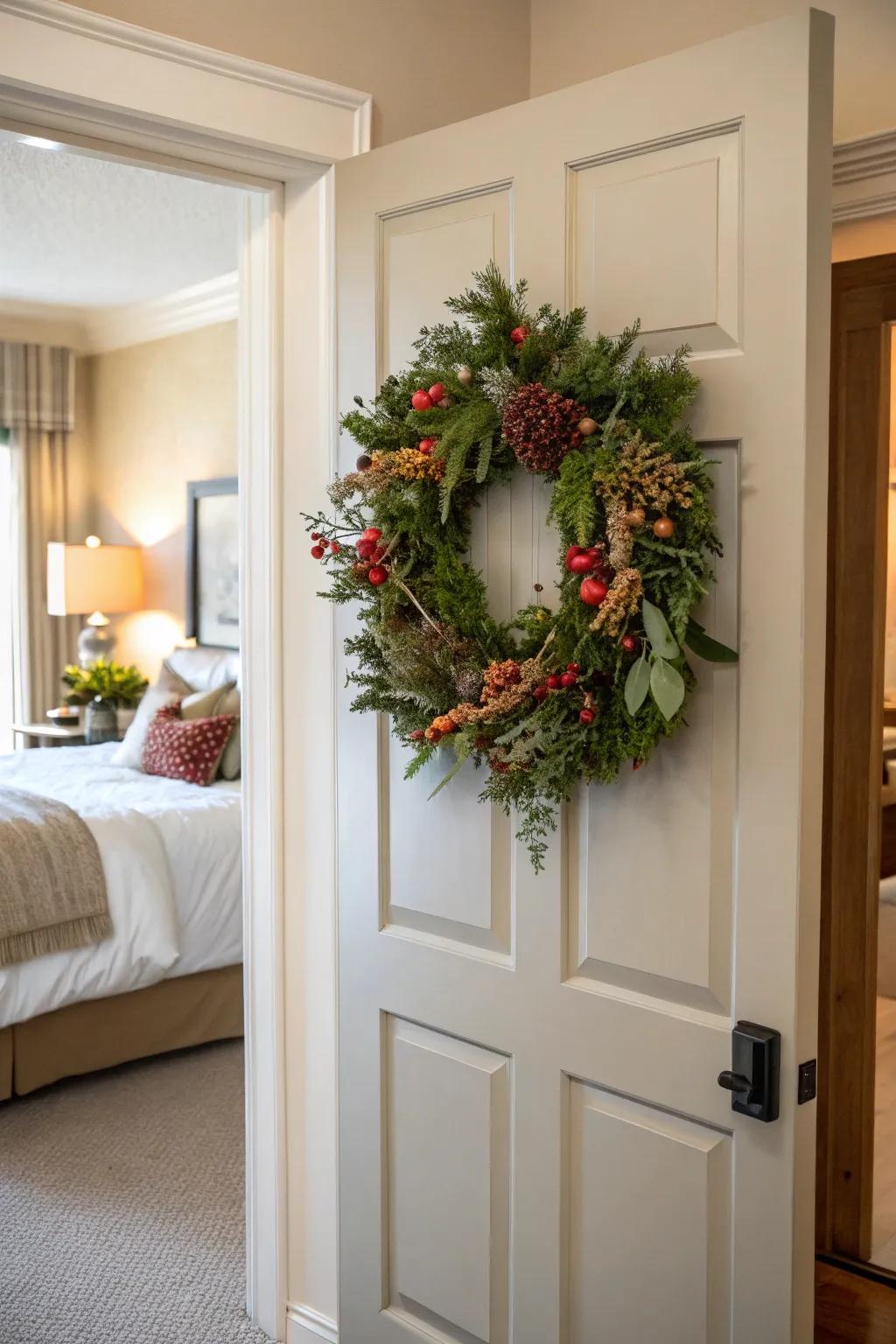 A seasonal door ring introduces coziness and charm to any bedroom door.