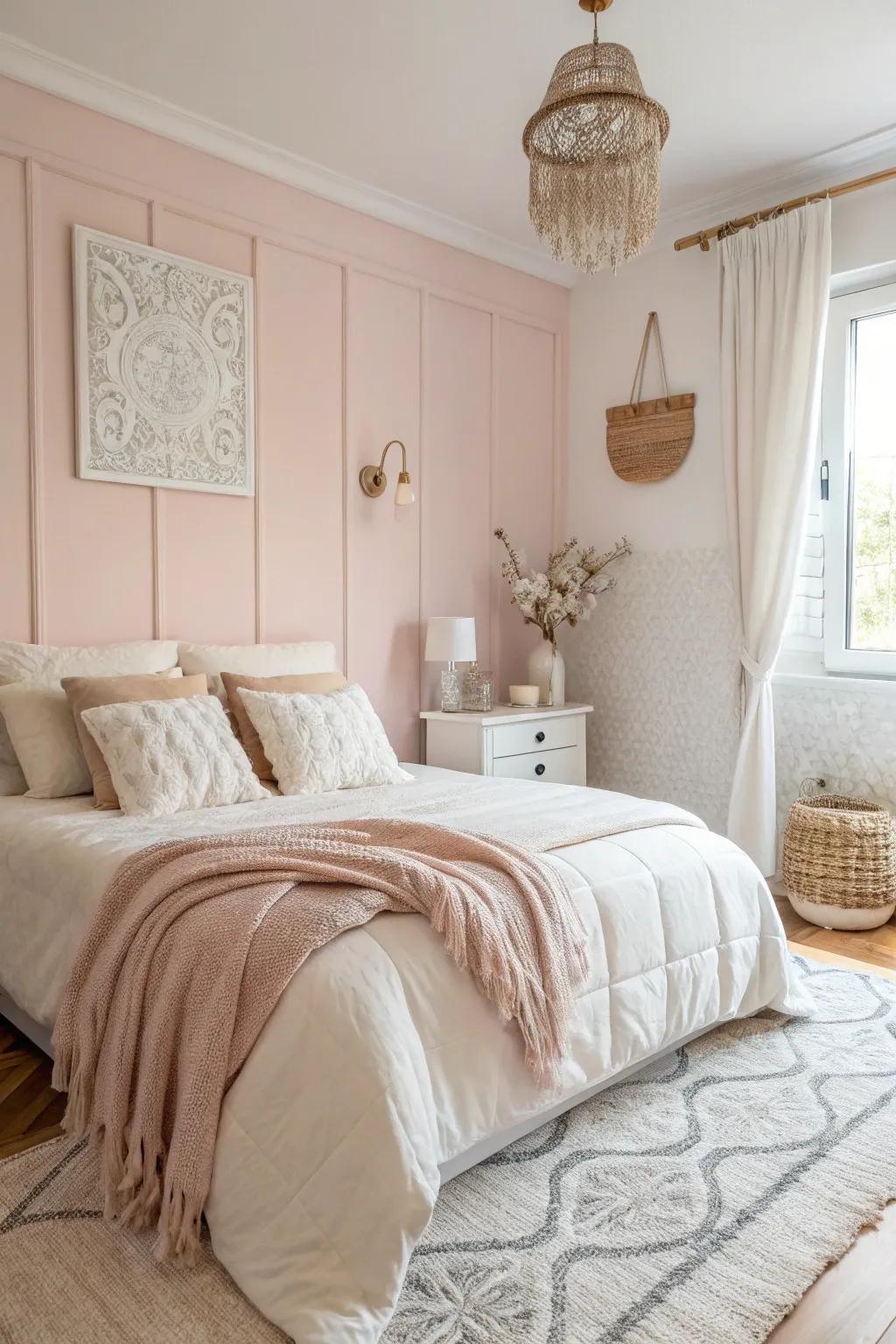 A calm bedroom featuring subtle pastel walls and white decorations, ideal for a relaxing getaway.