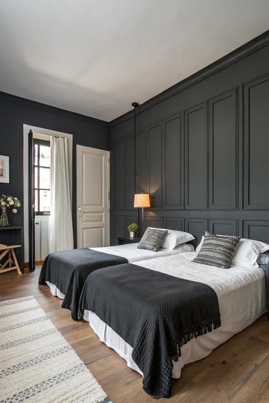 A masculine bedroom showcasing a dark gray color scheme and minimalist style.