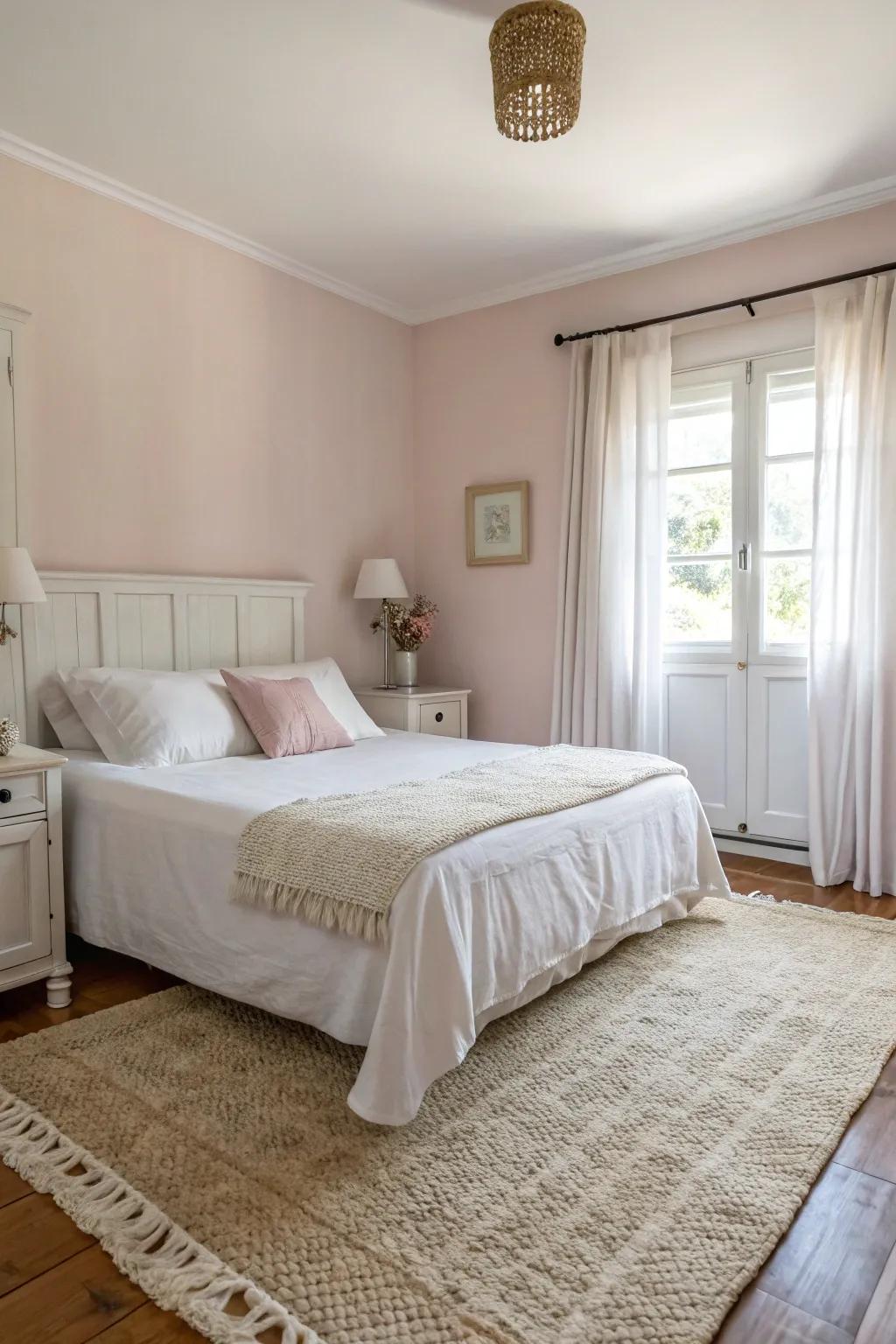A bedroom using gentle pastels and neutral shades for a relaxing vibe.