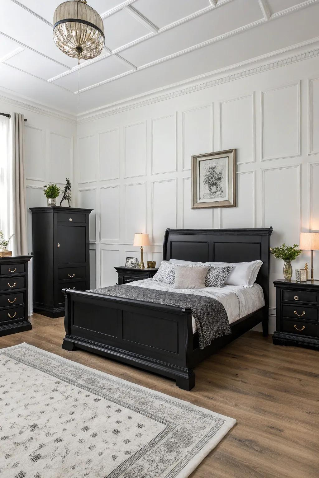 Elegant black furniture set against a backdrop of crisp white walls for a timeless look.