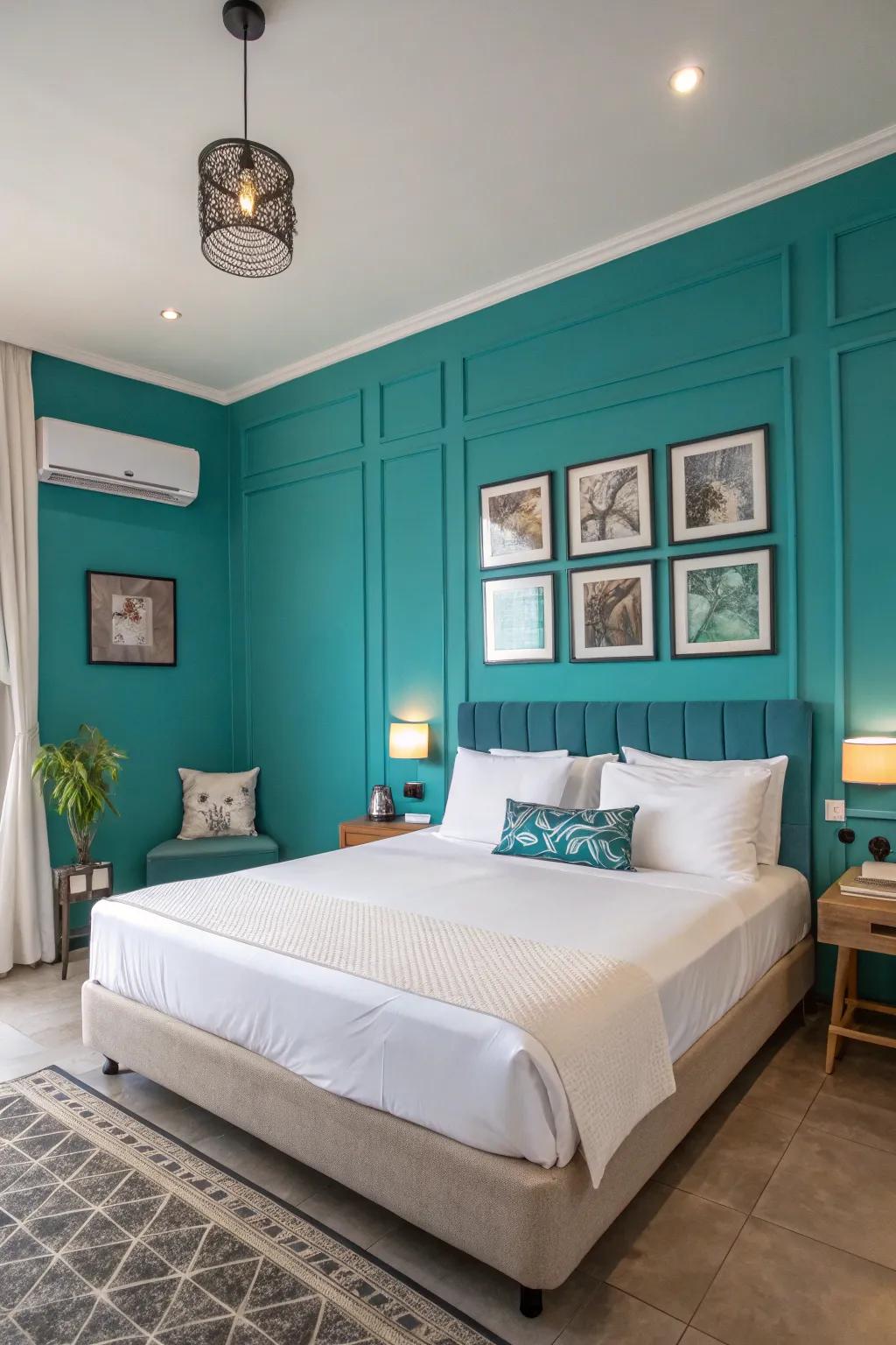 A bedroom is highlighted by a vibrant cerulean wall, making it the room's focal point.