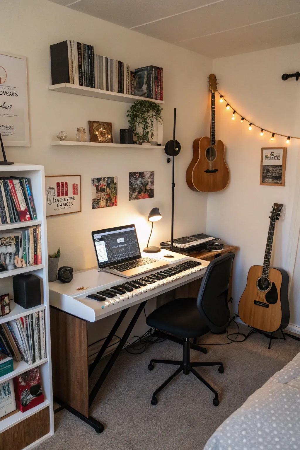 Skillful utilization of a bedroom corner for a condensed yet useful music studio layout.