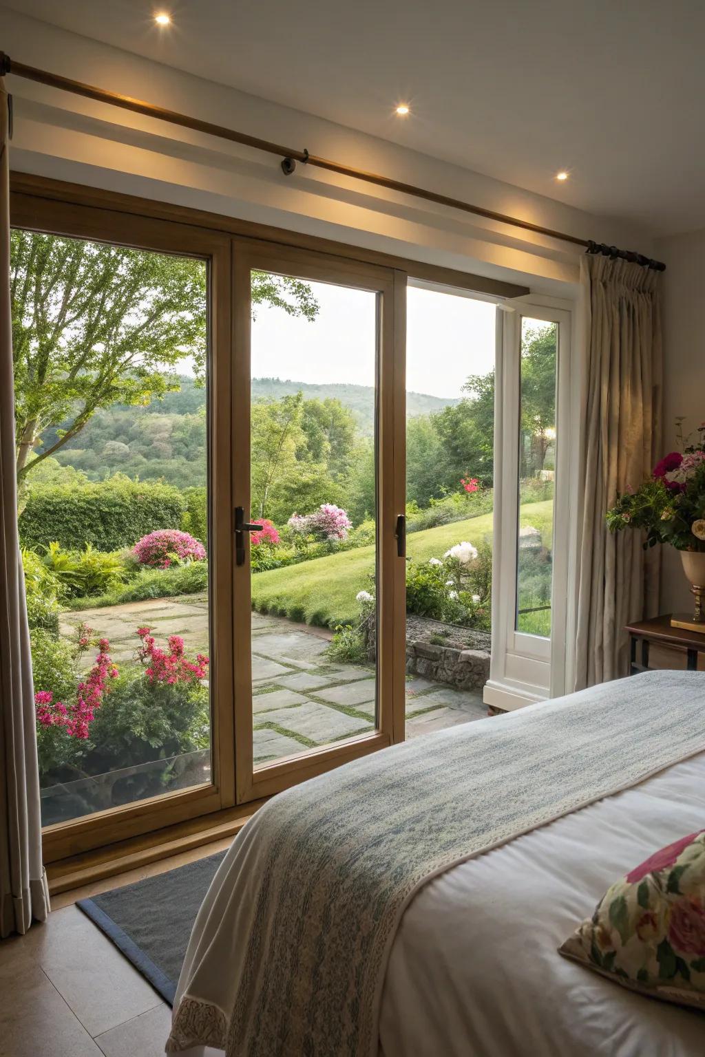 Floor-to-ceiling glass doors provide an expansive view of the picturesque garden.