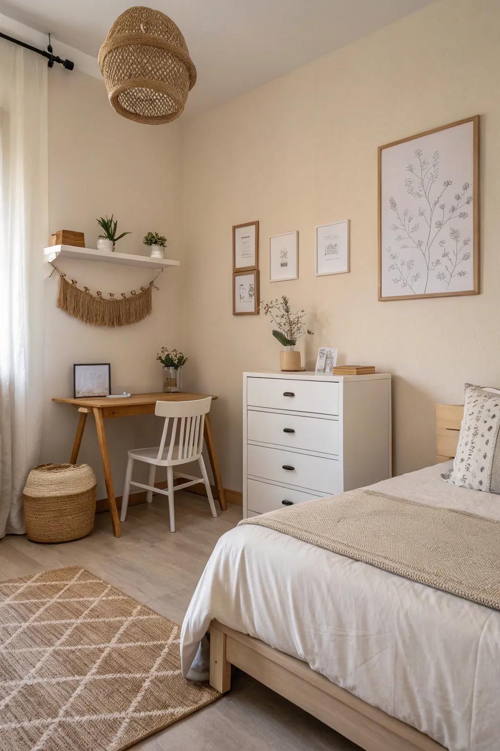 A minimalist bedroom showcasing a peaceful, uncluttered aesthetic.