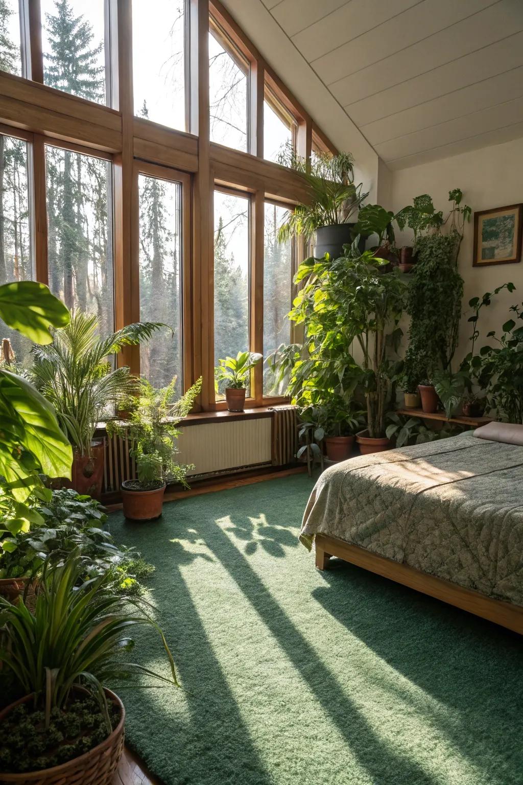 A sun-filled bedroom showcasing a harmonious mix of a verdant floor covering and interior plants.