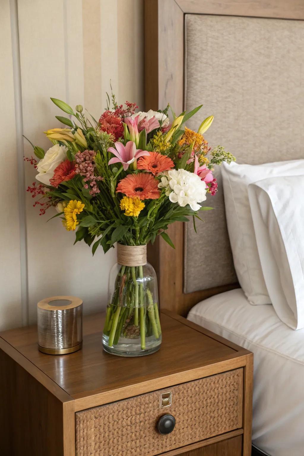 A lively floral arrangement breathes vitality into a subdued bedside.