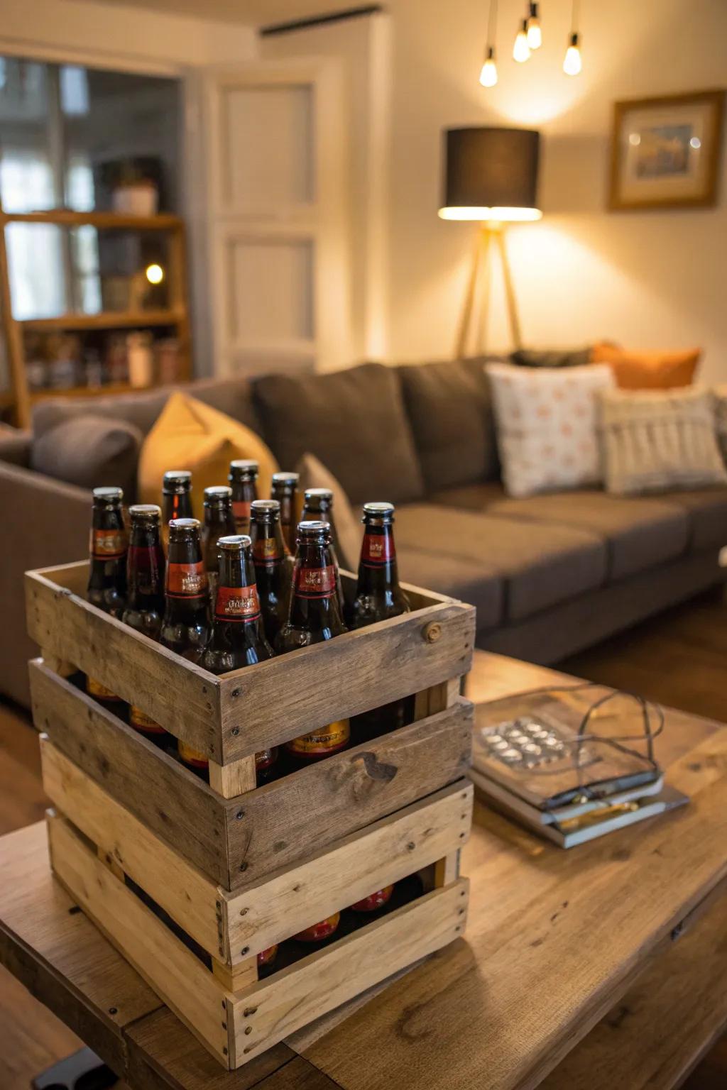Rustic wooden boxes filled with beer bottles in a cozy living room environment.