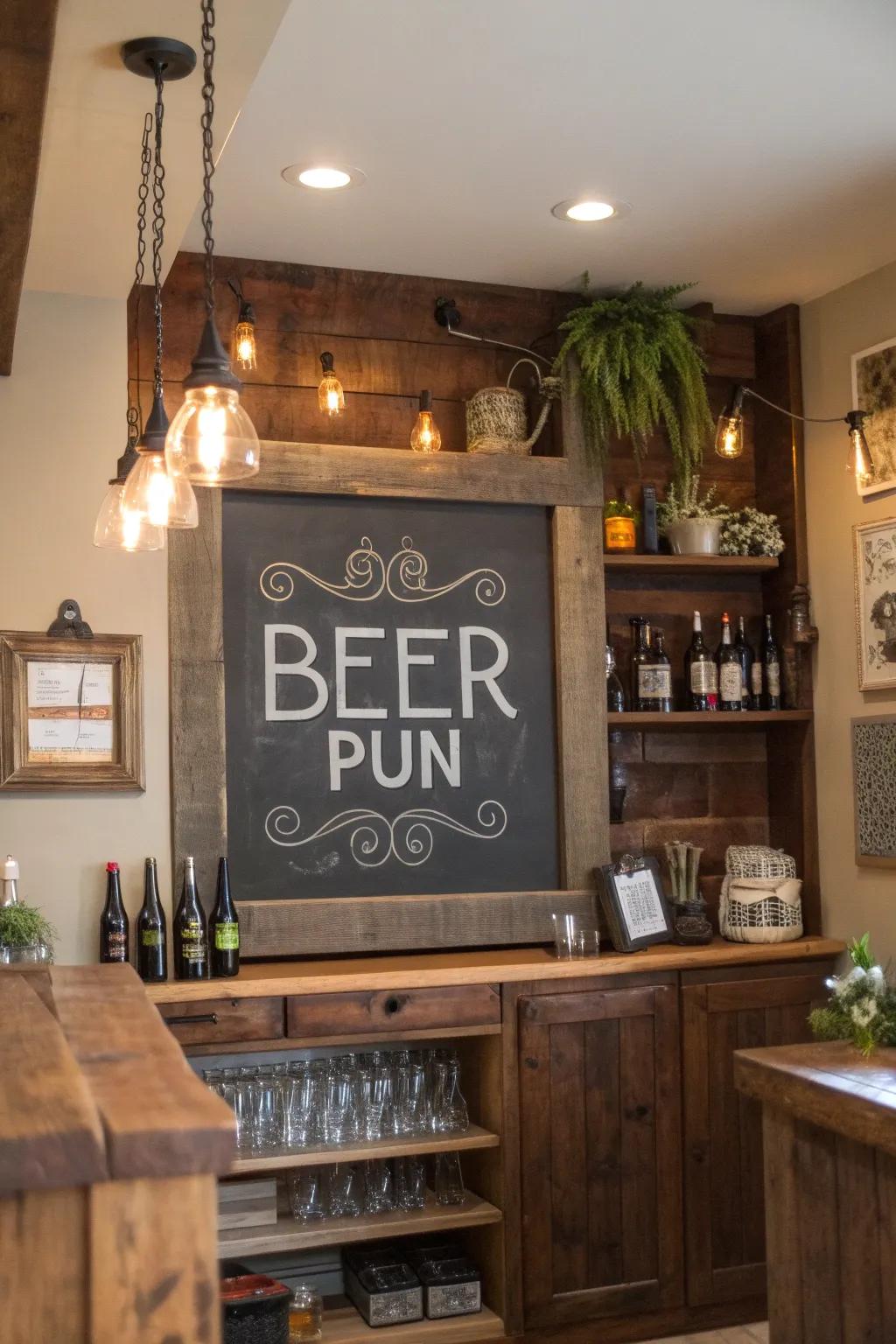 A chalkboard featuring an amusing drinking joke contributes a lively atmosphere to any saloon.