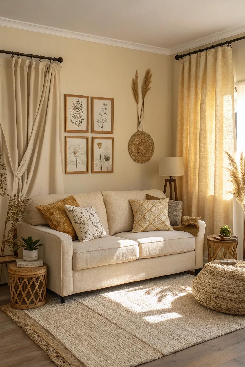 A beautifully balanced single-color living area showcasing a sand-toned sofa with matching neutral shades.