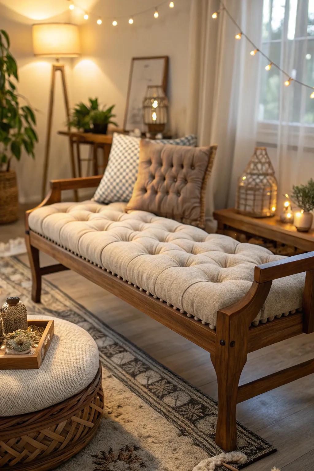 A tufted cushion introduces enduring elegance to any bench.