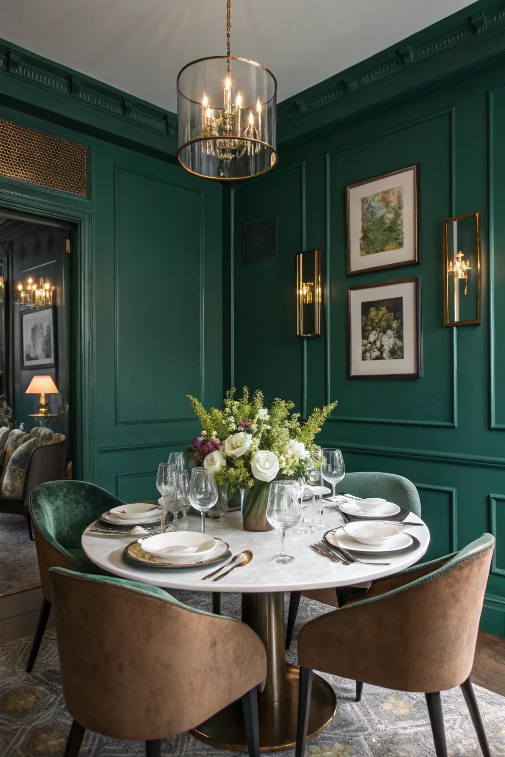 Gem tones craft a sumptuous and welcoming dining ambiance.
