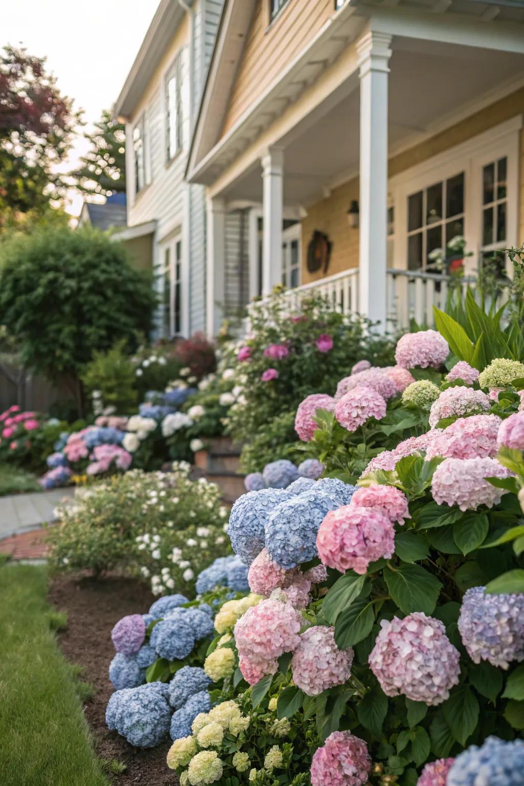 Hydrangeas present a constantly evolving array of colors and textures, perfect for greeting guests.