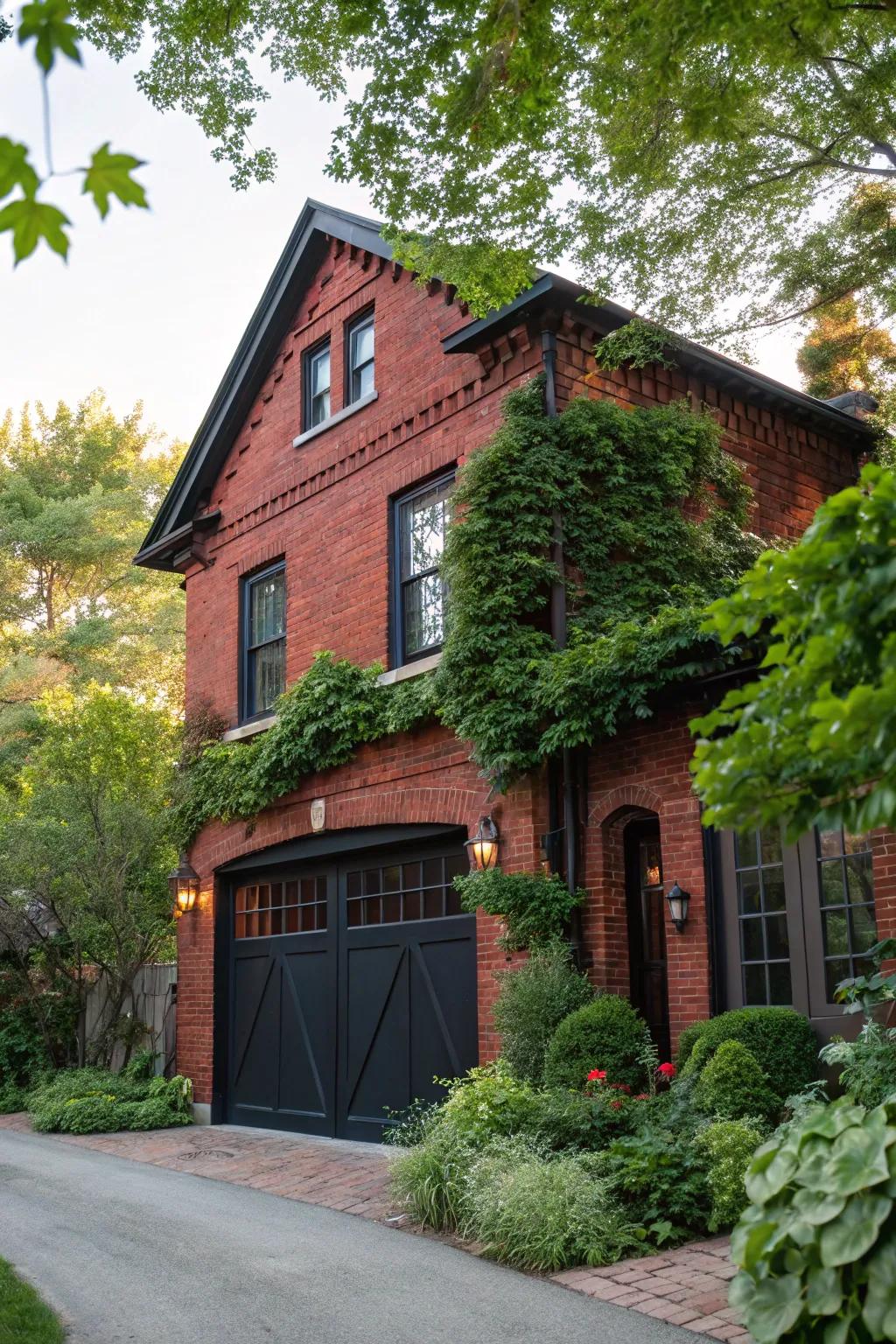A strong black garage door gives red brick homes an elegant touch.