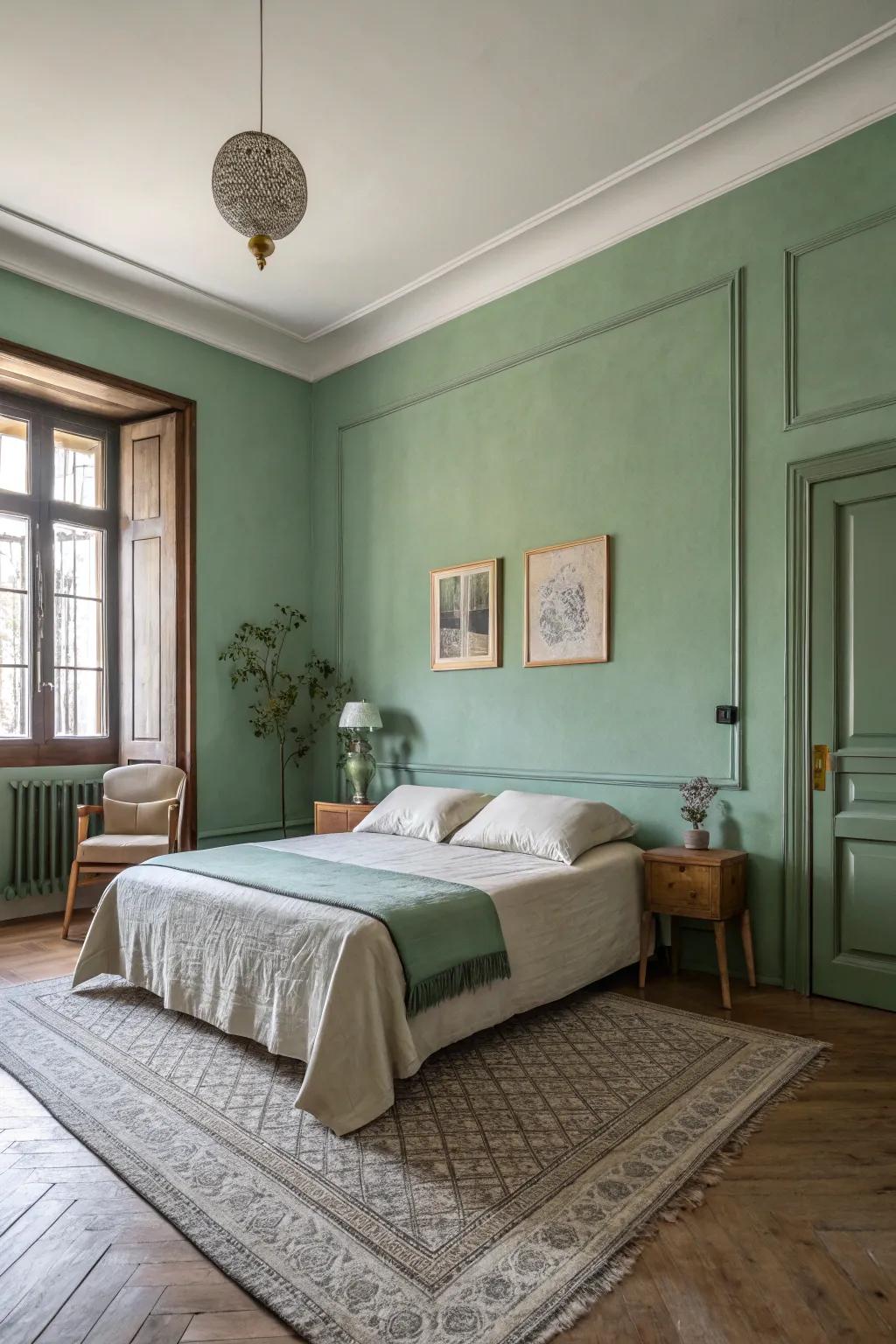 A personal space haven featuring tranquil green walls.