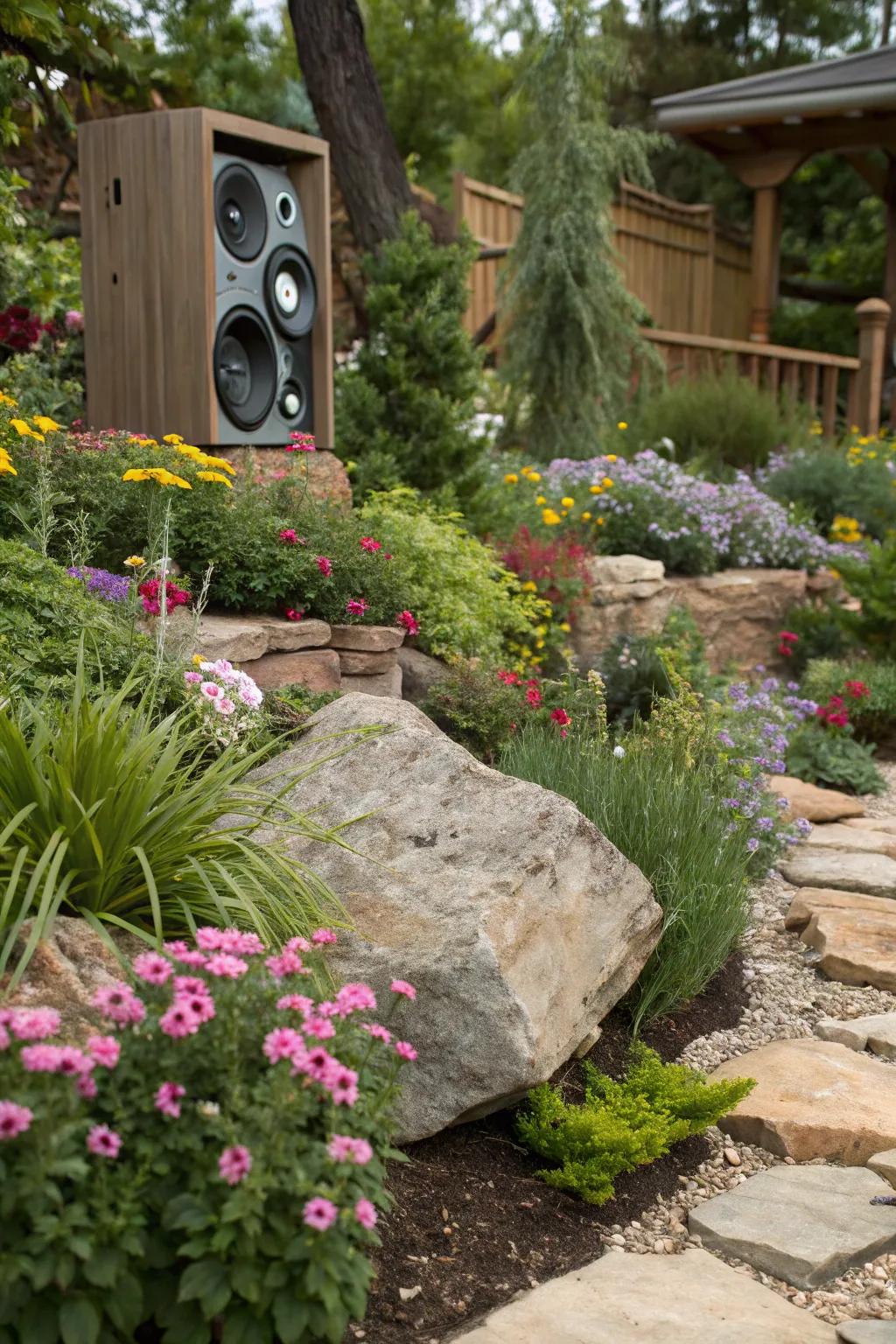 Speakers cleverly disguised as rocks blend effortlessly into garden settings.