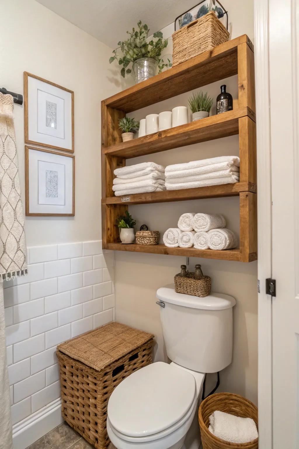 Open shelving provides easy access to daily necessities and adds a welcoming touch.