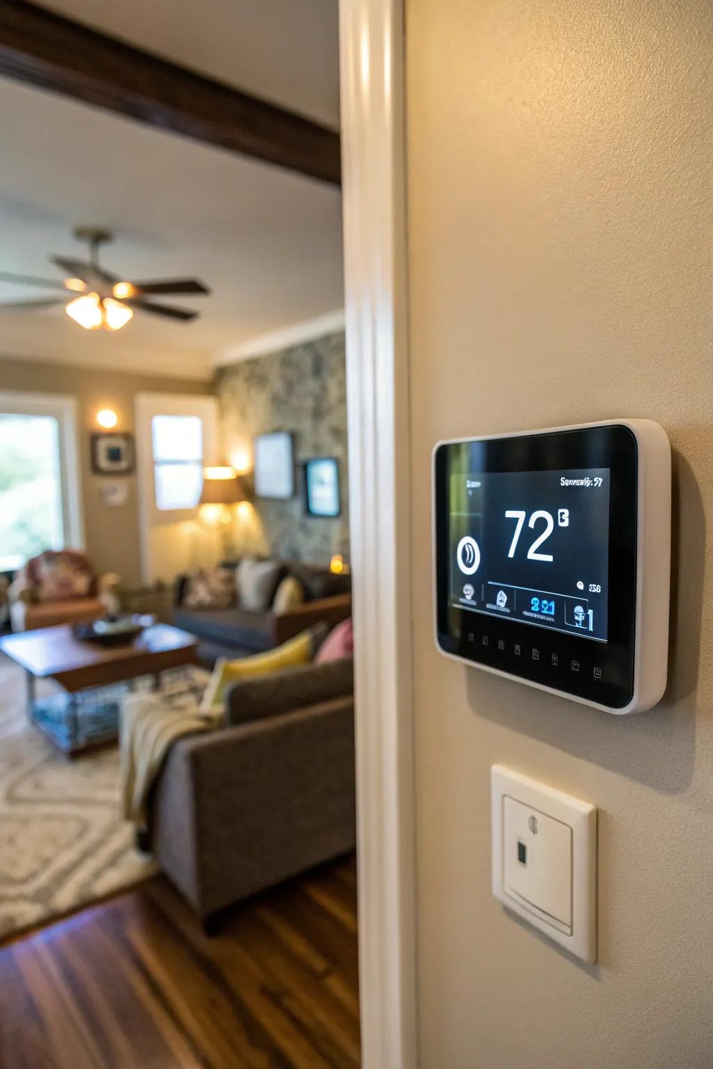 A sleek smart thermostat enhances a living room, effectively optimizing energy consumption.