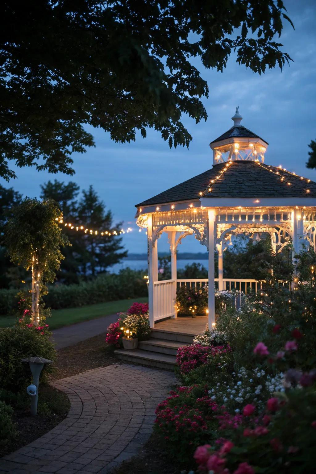 Festoon lights extended across a gazebo yield a captivating and whimsical vibe.
