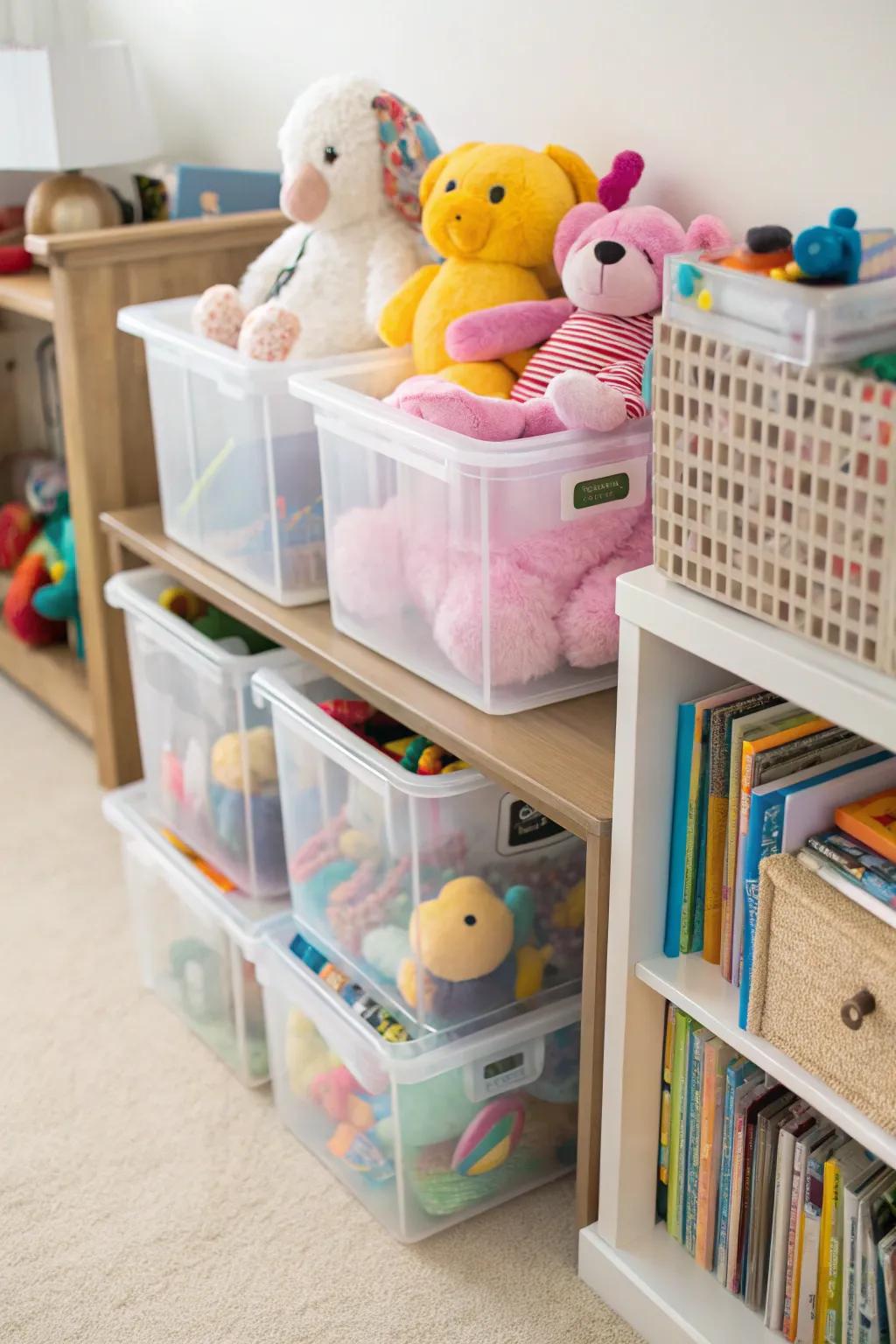 Clear boxes ensure stuffed animals stay visible and neatly arranged.