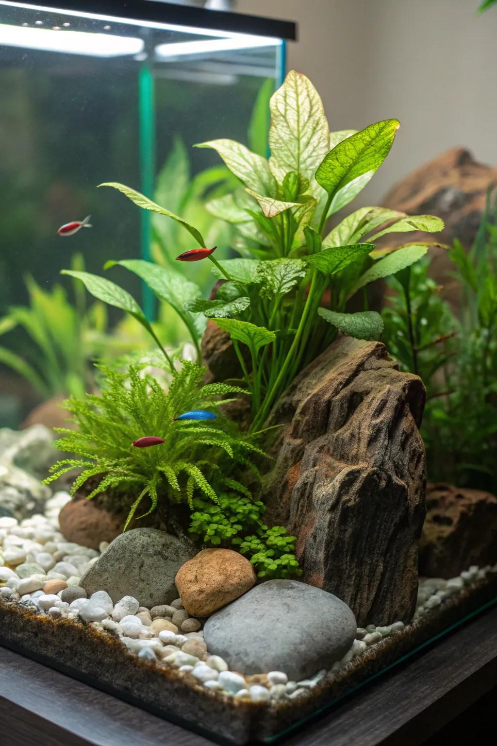 An energetic aquatic garden flourishing with live plants, ideal for your betta.