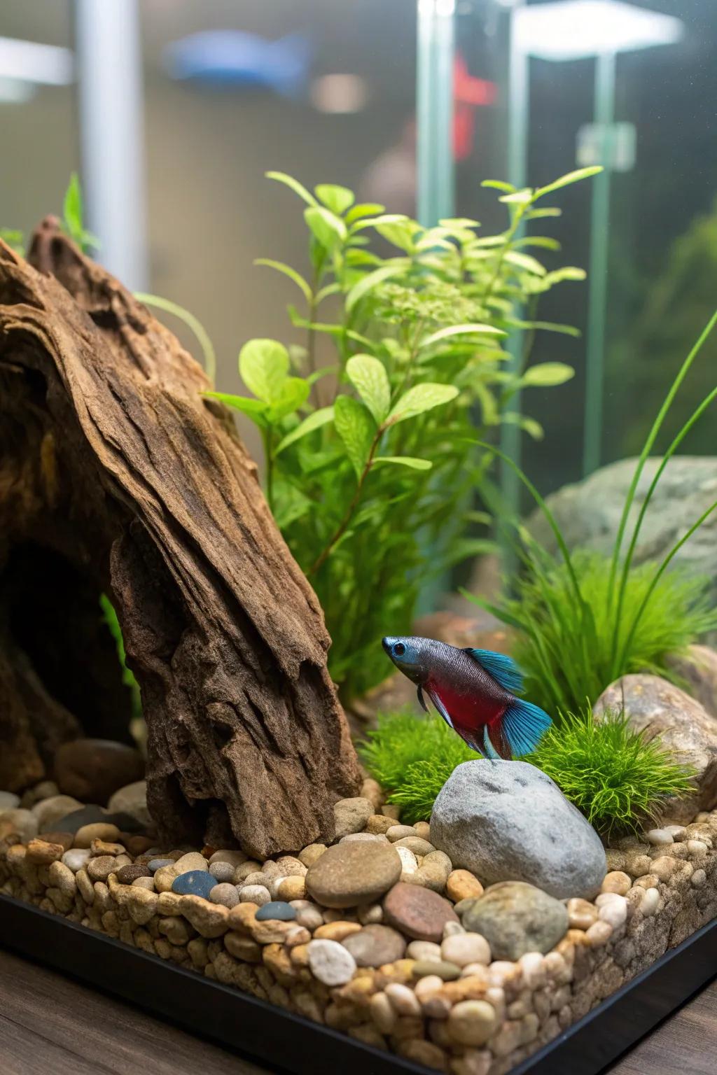 A natural escape for your betta fish with rocks and tree roots.