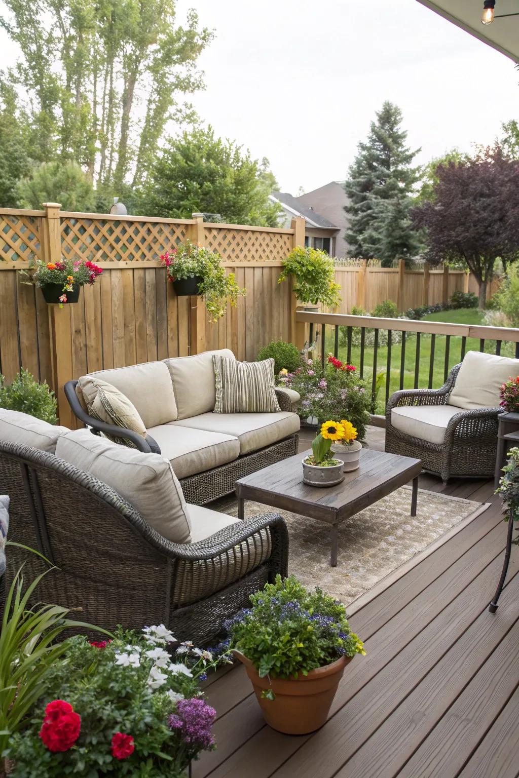 A welcoming deck featuring comfortable seating and lush greenery for the ultimate in relaxation.