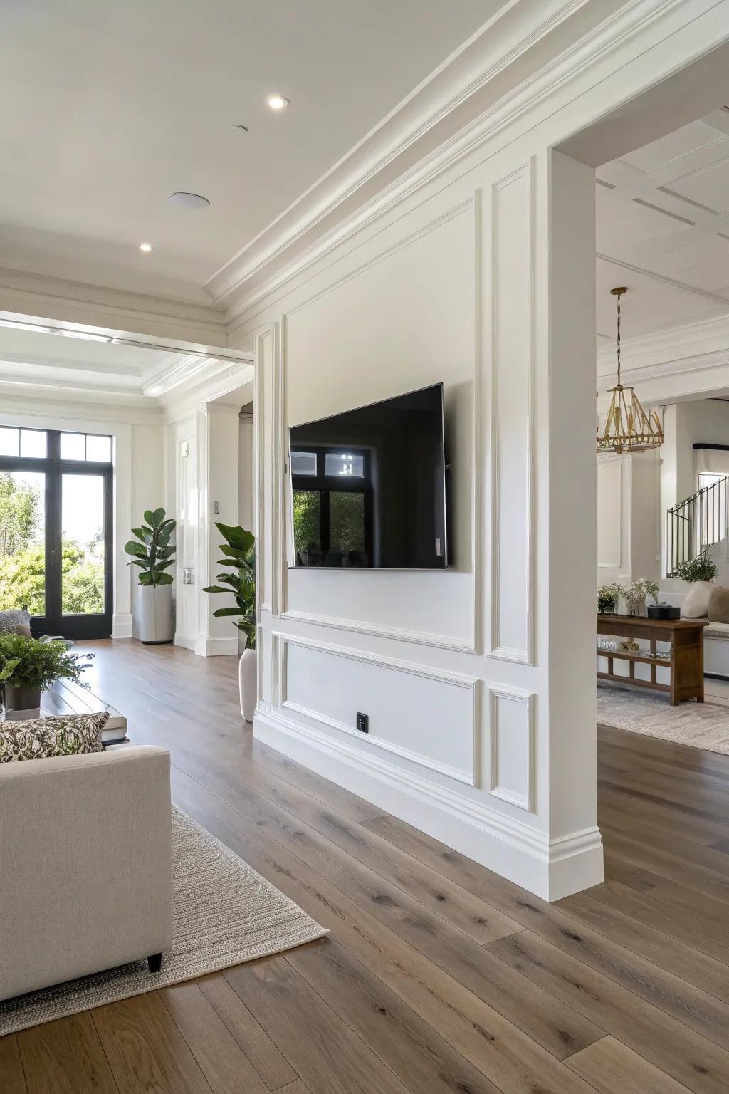 A wall-mounted TV adds to the sleek vibe of a modern living room.