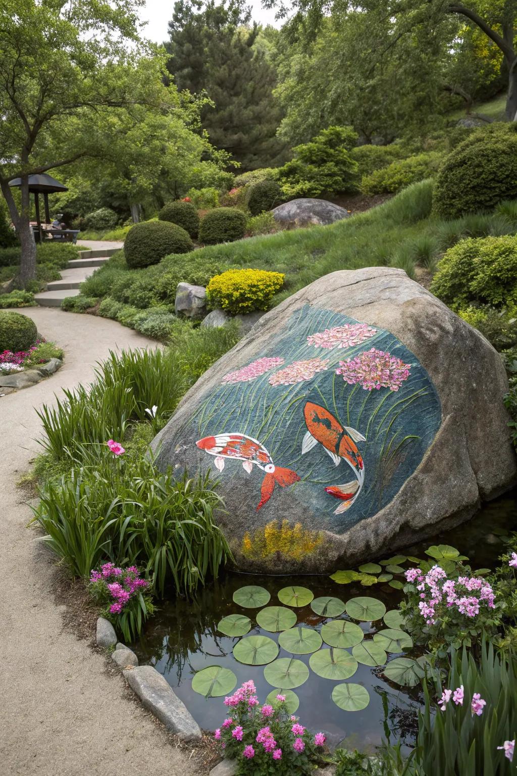 Infuse serenity into your garden with koi fish painted on rocks.