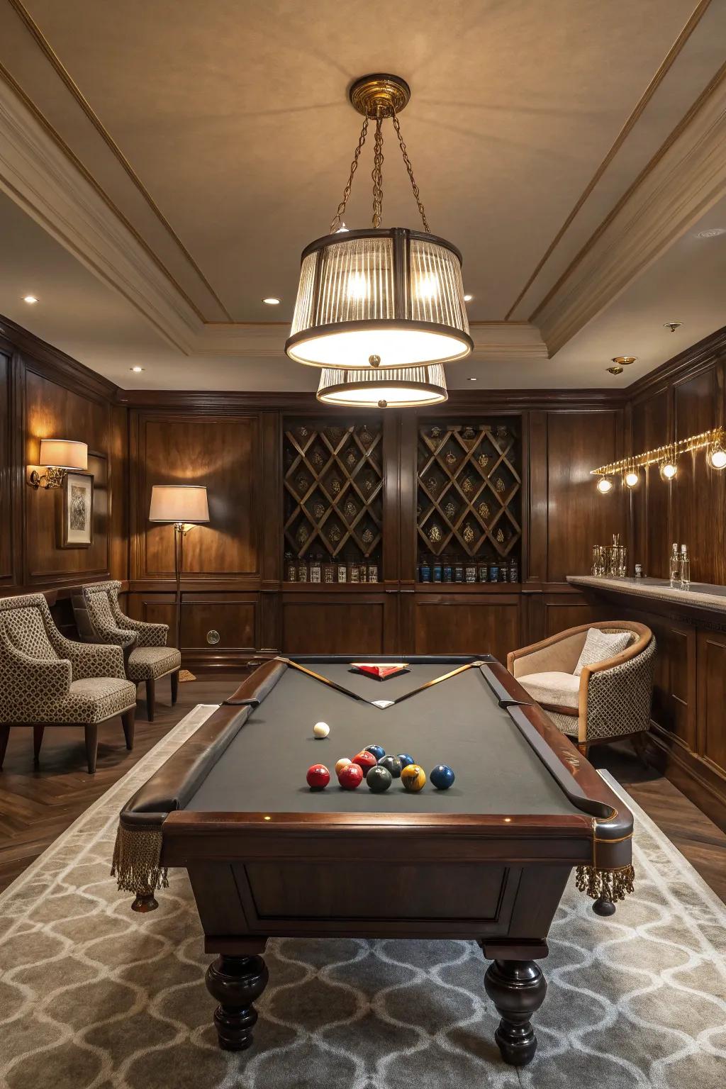 A distinctive billiard table commands attention as the centerpiece of a stylish game room.