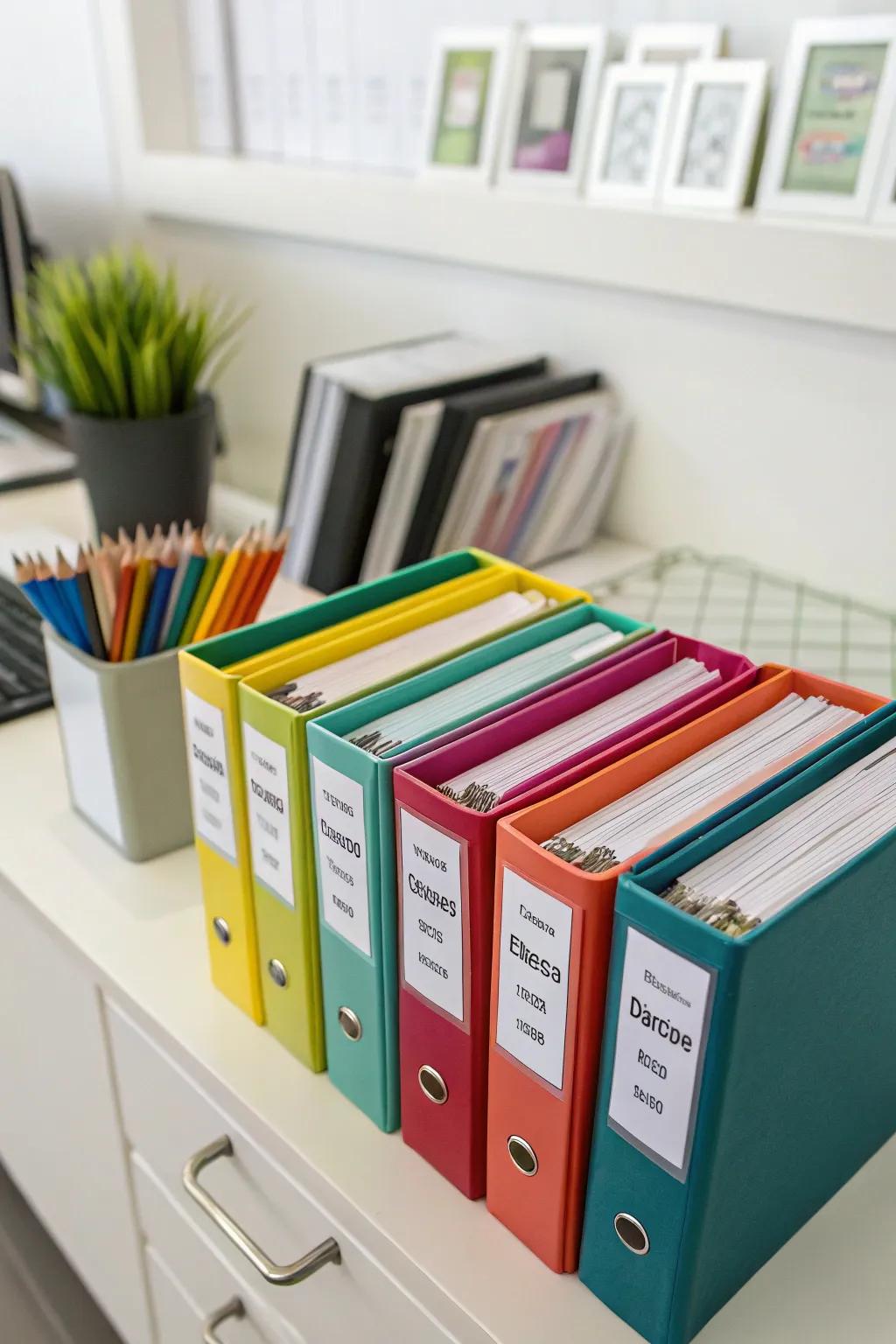 Vibrant binders arranged for quick selection.