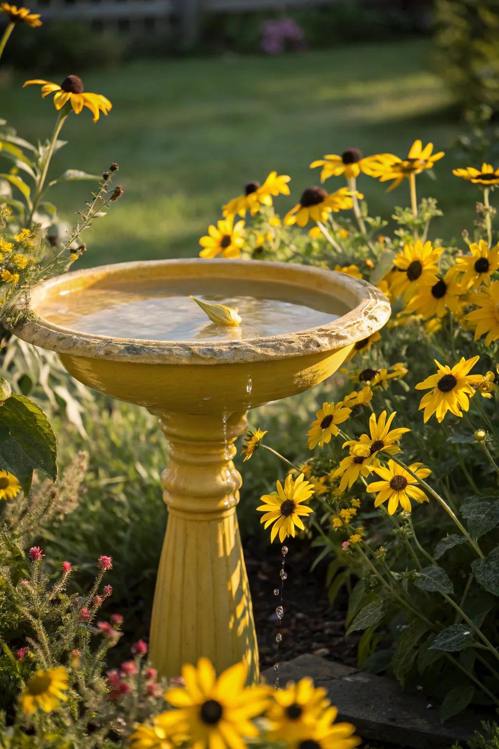 A bright yellow bird bath nestled among sunflowers, drawing in goldfinches and other colorful birds.