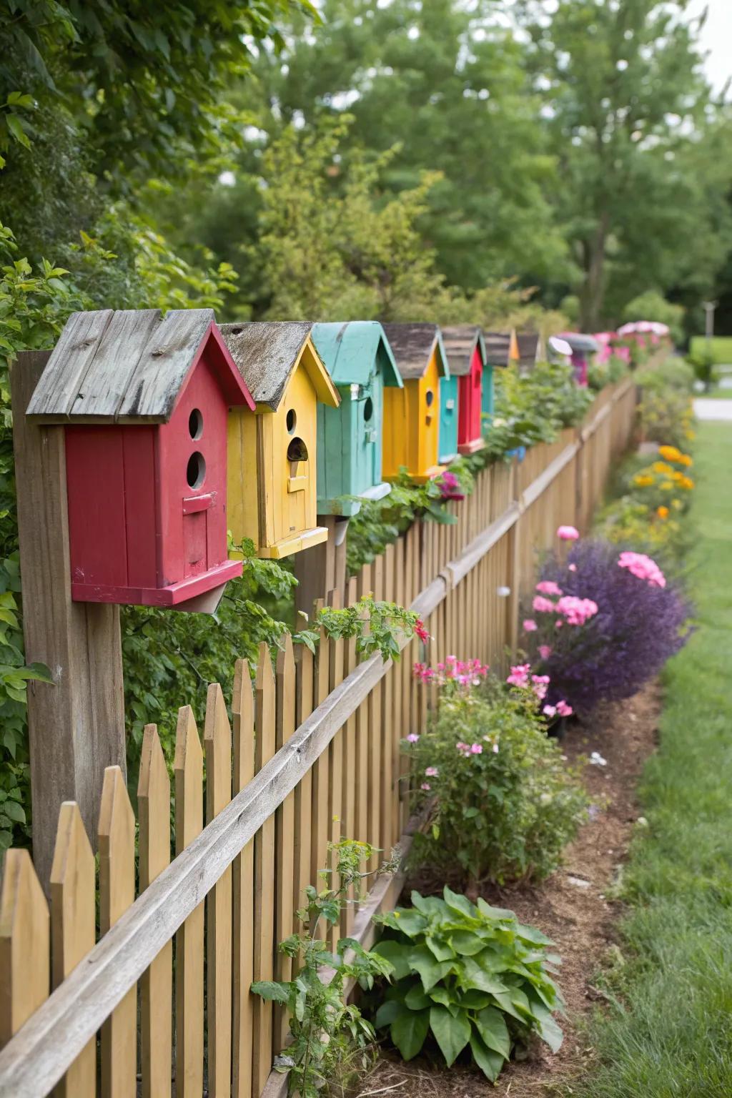 A string of vividly painted birdhouses introduces a vibrant touch to a wooden barrier.
