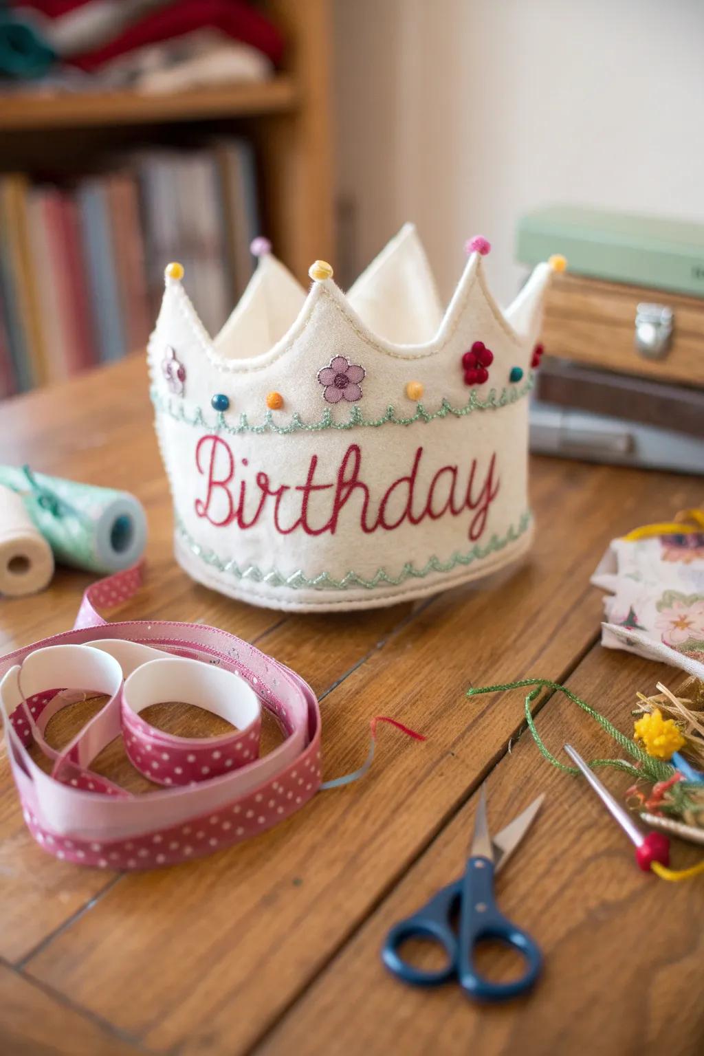 A beautifully crafted personalized fabric birthday crown