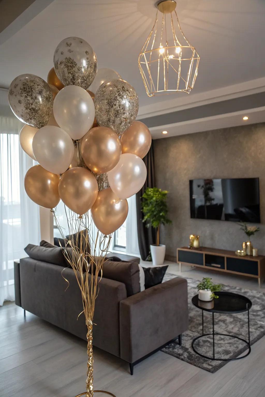 Classy shiny and non-shiny balloon designs contributing sophistication to a birthday event.