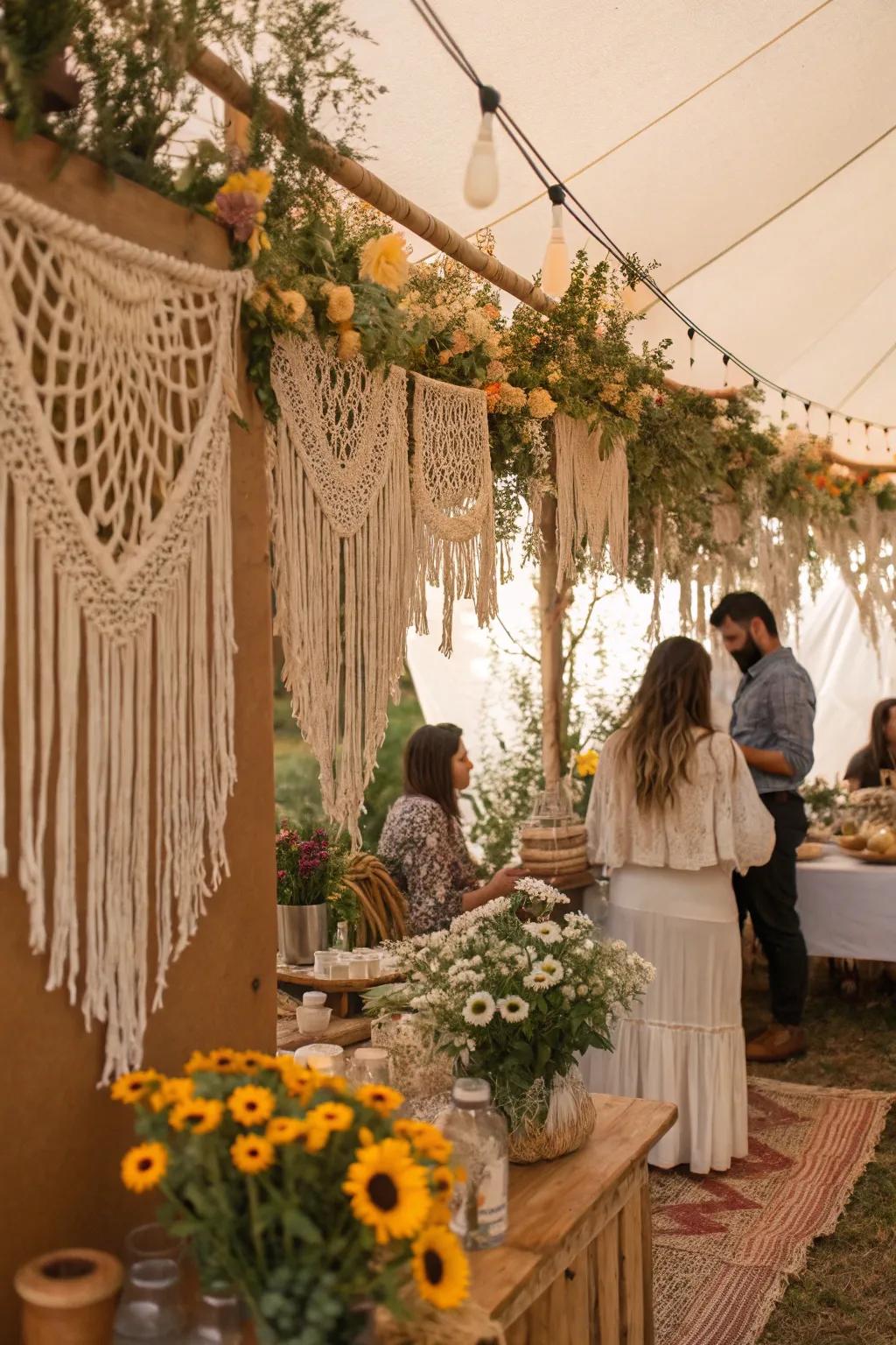 Embrace the bohemian vibe with macramé artistry and wildflower touches.