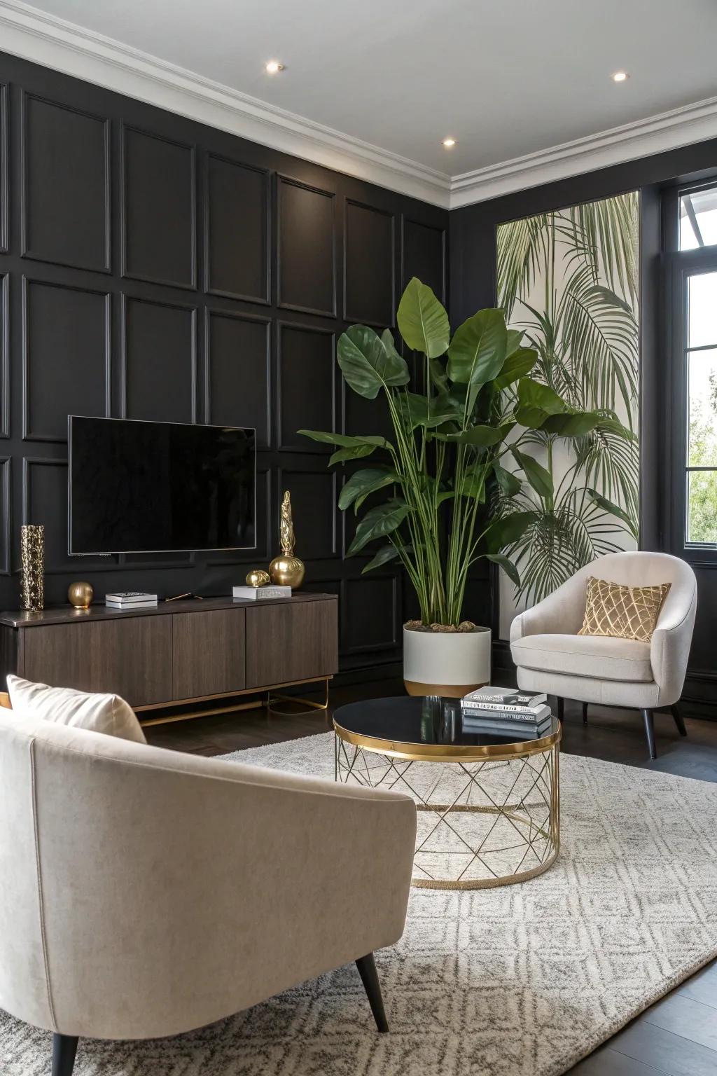 A stylish living room with a black accent wall, contemporary furniture, and greenery for a fresh look.