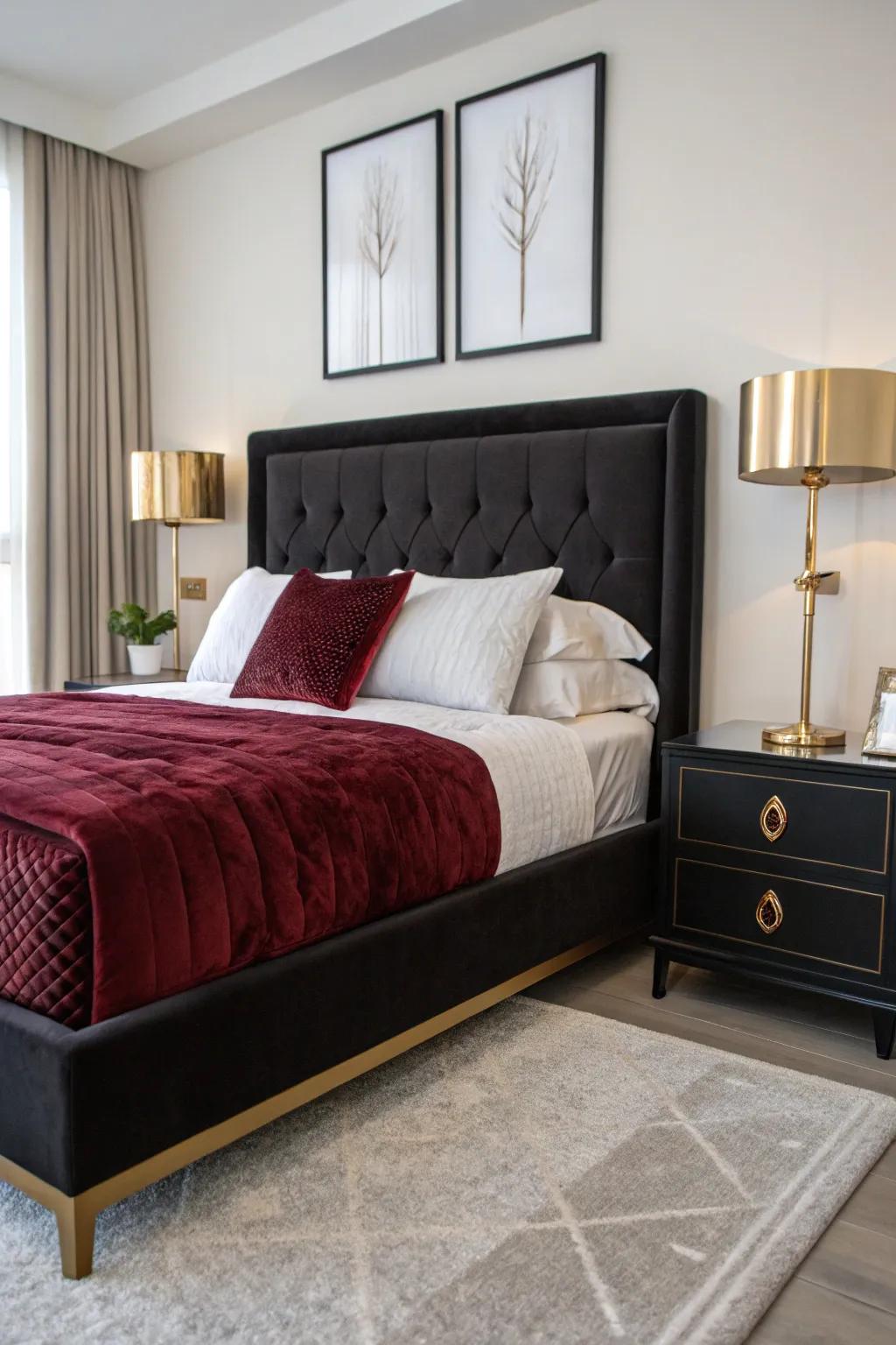 Establish a focal point through ebony and maroon bedding that radiates richness and coziness.