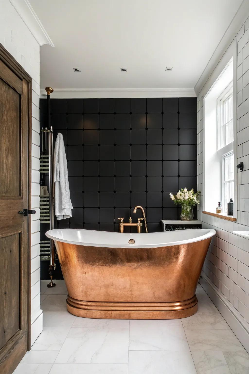 A copper soaking tub radiates as the primary attraction against a black scene.