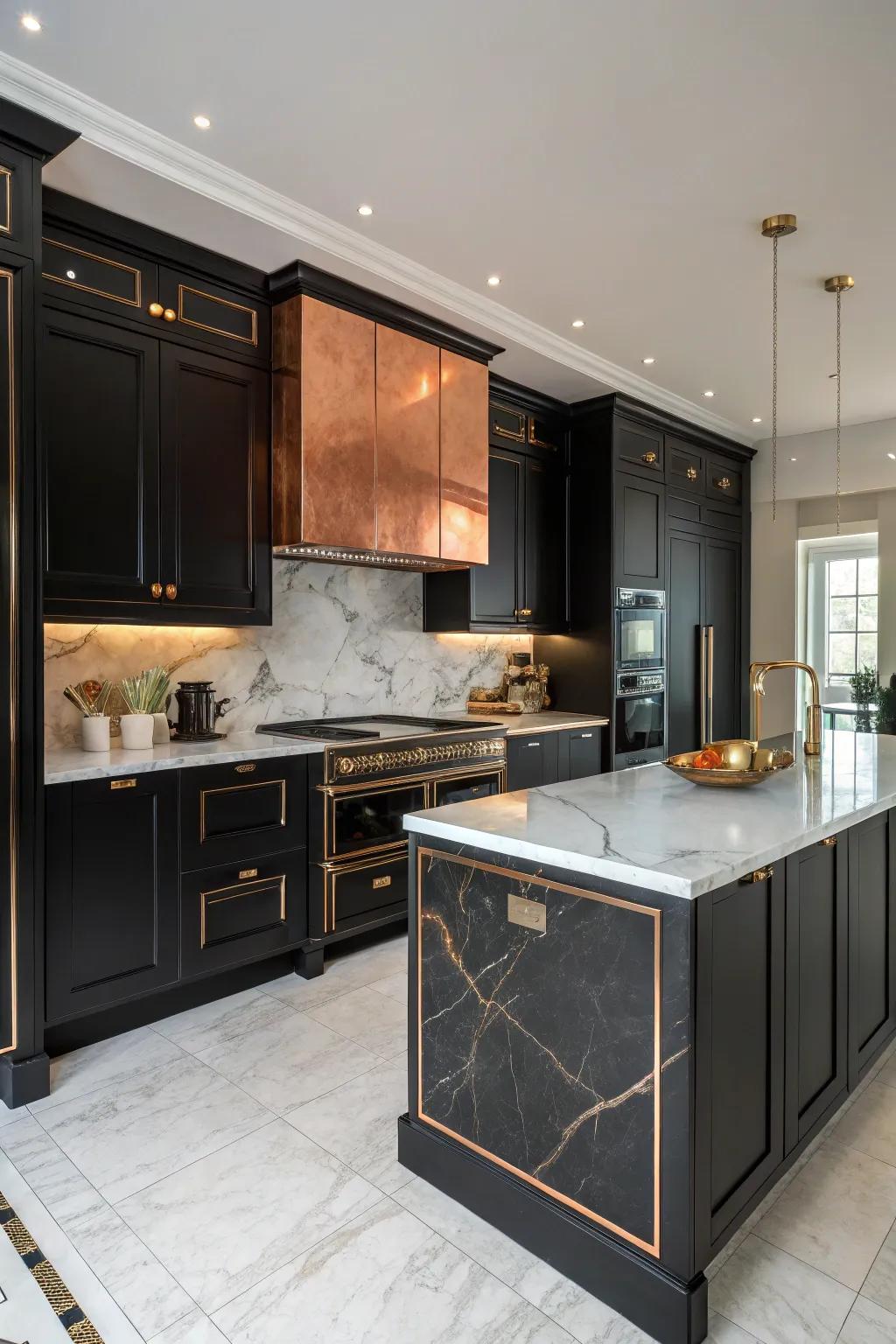 Black cabinets combined with copper countertops evoke a luxurious ambiance in the kitchen.