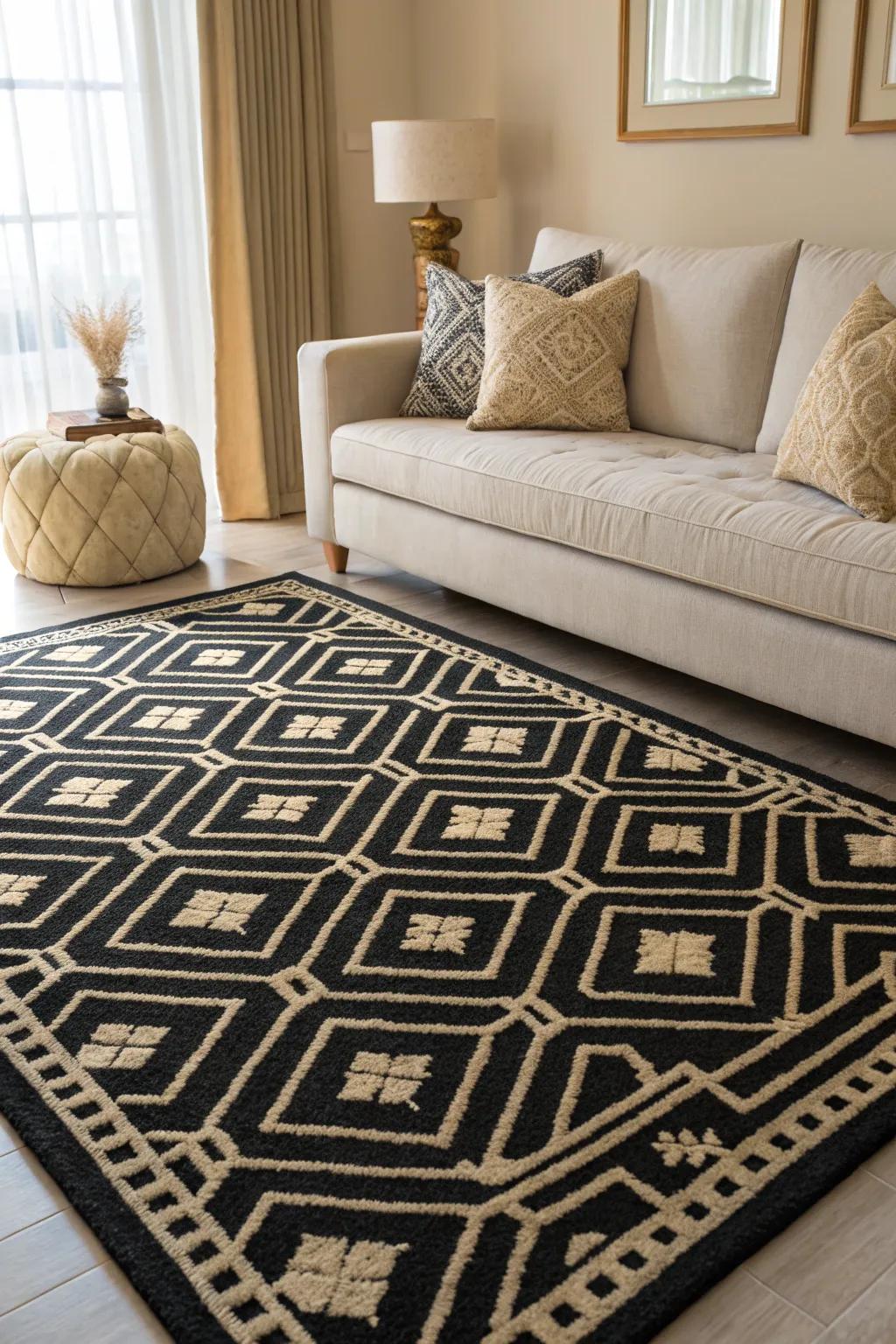 An impressive geometric rug and cushions in ebony and ivory introduce visual appeal and sophistication.