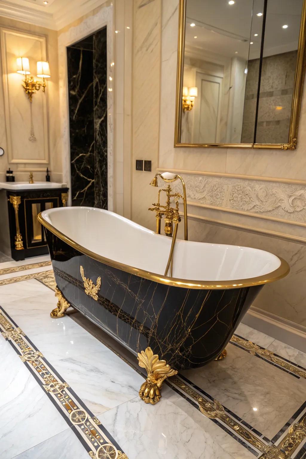 An ebony and gold bathtub elegantly commands attention in the bathroom.