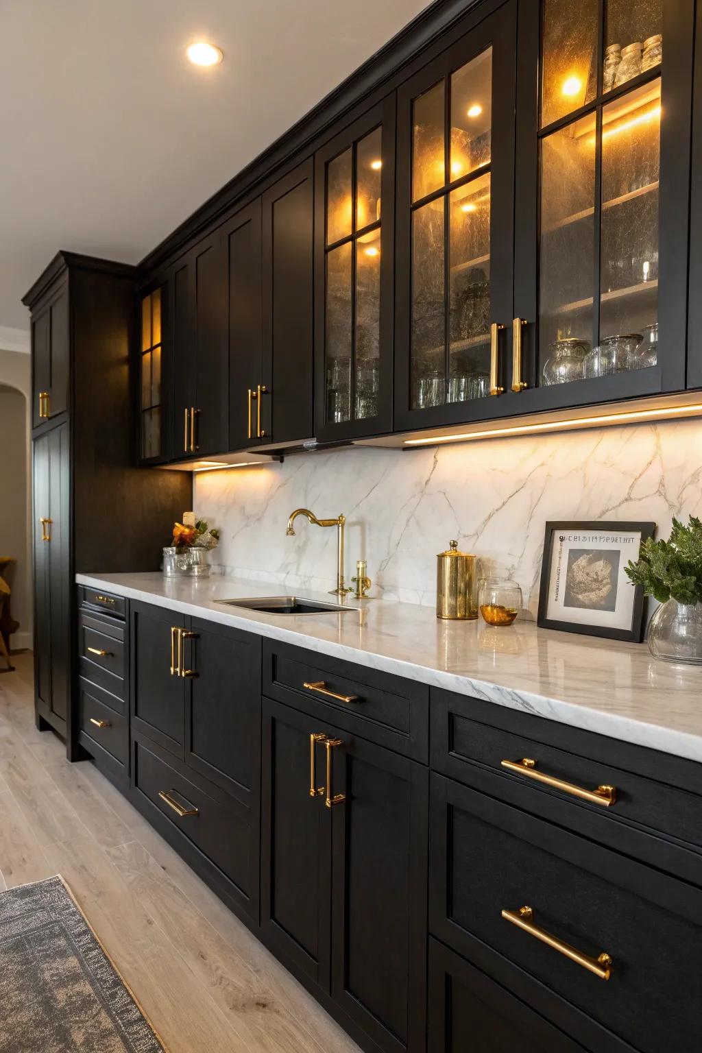 Ebony cabinets with gilded handles establish a theatrical and graceful ambiance.