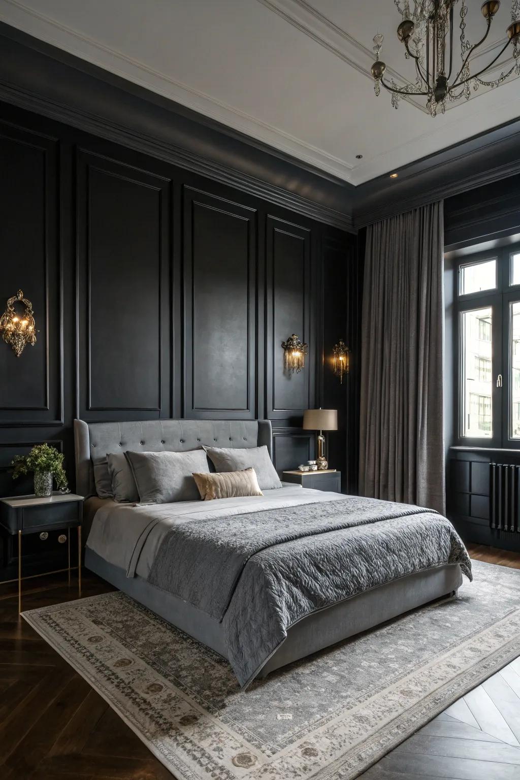 A bedroom featuring bold black walls and grey accents, creating a dramatic atmosphere.